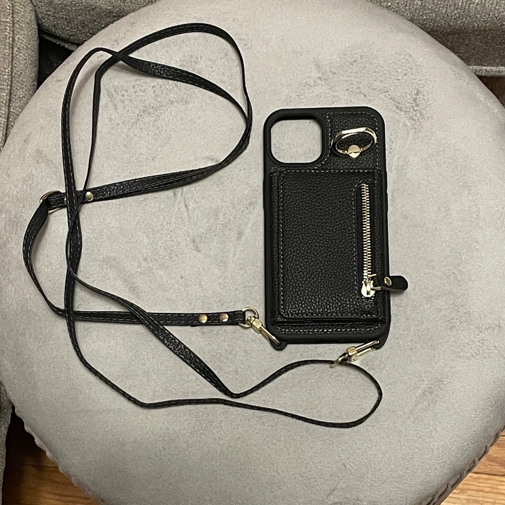 Crossbody Phone Case Zip Bag Black Leather Phone Case with Strap NWOT $13